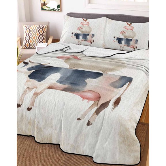 Full Quilt Bedding Set, Farm Cow Sheep Pig Chicken Lightweight Coverlet Summer Comforter Set Soft Microfiber Bedspread, Rustic Retro Animal 3 Piece Quilt Set with 2 Pillow Shams All Seasons Use