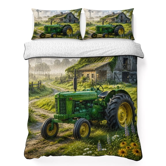 Full Quilt Bedding Set Farm Green Tractor Breathable Summer Cooling Blanket for Hot Sleepers, Retro Old Barn Windmill Lightweight Soft Bedding Set with 2 Pillow Shams for All Season