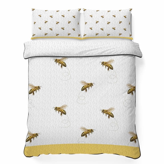 Full Quilt Bedding Set Farm Honey Bee Swirling Yellow Breathable Summer Cooling Blanket for Hot Sleepers, Rustic Seamless Insects Lightweight Soft Bedding Set with 2 Pillow Shams for All Season