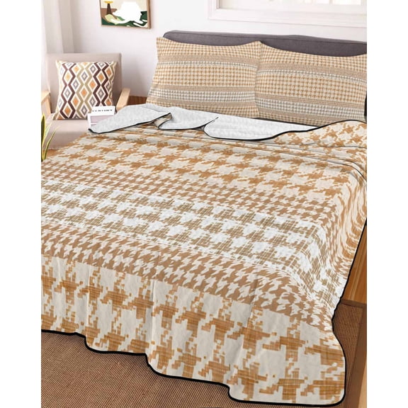 Full Quilt Bedding Set Farm Lattice Houndstooth Pattern Summer Quilt Lightweight Quilted Coverlet with 2 Pillow Shams, Rustic Beige Khaki Plaid 3-Piece Bedspread Quilt Set for All Season