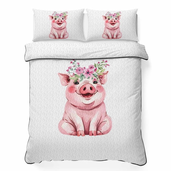 Full Quilt Bedding Set, Farm Pink Pig Flower Soft Microfiber Summer Bedspread Coverlet with 2 Pillow Shams for All Season, Cute Animal Breathable Bedding Set for Hot Sleepers