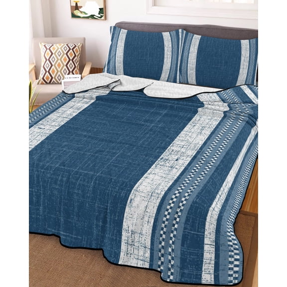 Full Quilt Bedding Set, Farm Retro Linen Burlap Texture Lightweight Coverlet Summer Comforter Set Soft Microfiber Bedspread, Geometric Navy Blue Stripes 3 Piece Quilt Set with 2 Pillow Shams