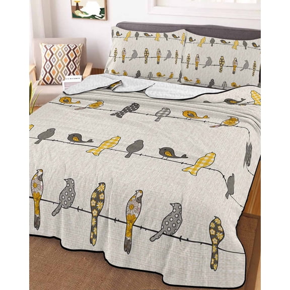 Full Quilt Bedding Set, Farm Vintage Buffalo Check Bird Chic Flower Lightweight Coverlet Summer Comforter Set Soft Microfiber Bedspread, Retro Linen Texture 3 Piece Quilt Set with 2 Pillow Shams