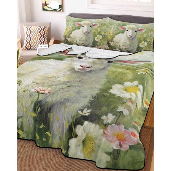 Full Quilt Bedding Set, Farm Watercolor Cute Sheep Flowers Daisy Lightweight Coverlet Summer Comforter Set Soft Microfiber Bedspread, Spring Green Leaves 3 Piece Quilt Set with 2 Pillow Shams