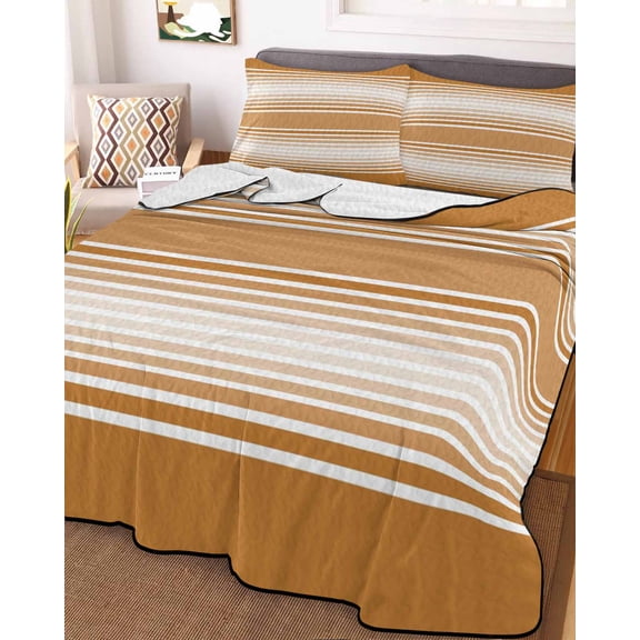 Full Quilt Bedding Set, Farmhouse Amber Stripes Lightweight Coverlet Summer Comforter Set Soft Microfiber Bedspread, Earthy Lines 3 Piece Quilt Set with 2 Pillow Shams All Seasons Use