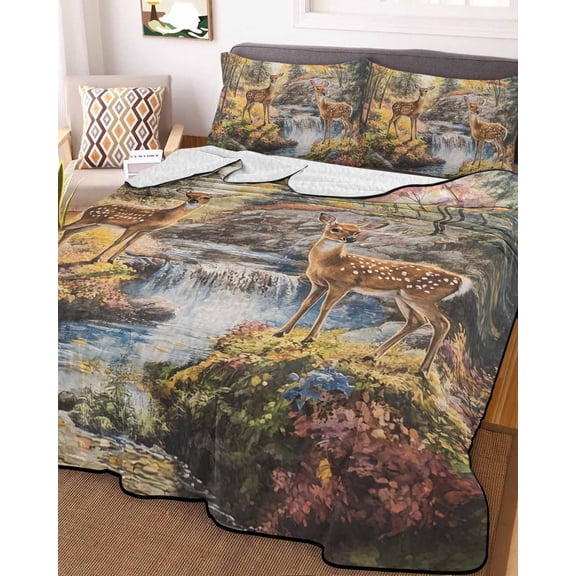 Full Quilt Bedding Set, Farmhouse Deer Plant River Lightweight Coverlet Summer Comforter Set Soft Microfiber Bedspread, Forest Botanical Animal Theme 3 Piece Quilt Set with 2 Pillow Shams
