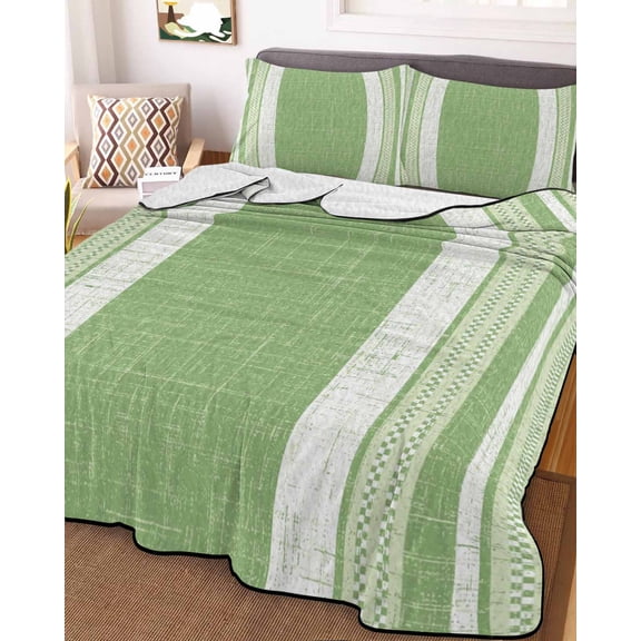 Full Quilt Bedding Set, Farmhouse Green Stripe Burlap Texture Lightweight Coverlet Summer Comforter Set Soft Microfiber Bedspread, Abstract Geometric Art 3 Piece Quilt Set with 2 Pillow Shams