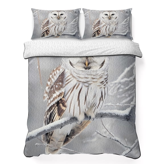Full Quilt Bedding Set Farmhouse Owl on Tree Branch Breathable Summer Cooling Blanket for Hot Sleepers, Winter Bird Natural Scenery Lightweight Soft Bedding Set with 2 Pillow Shams for All Season