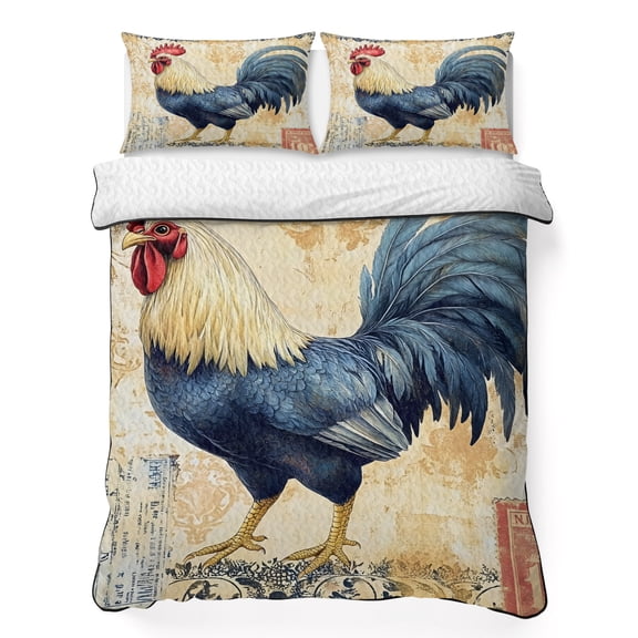 Full Quilt Bedding Set Farmhouse Retro Rooster Breathable Summer Cooling Blanket for Hot Sleepers, Watercolor Country Chicken Lightweight Soft Bedding Set with 2 Pillow Shams for All Season