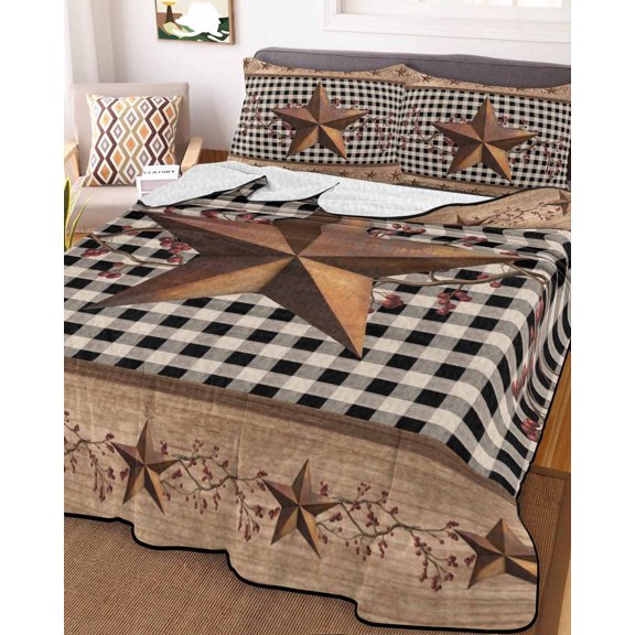 Full Quilt Bedding Set, Farmhouse Vintage Star Berry Lightweight Coverlet Summer Comforter Set Soft Microfiber Bedspread, Rustic Wood Retro Checkered 3 Piece Quilt Set with 2 Pillow Shams