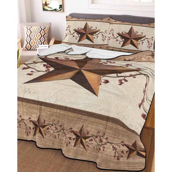 Full Quilt Bedding Set Farmhouses Country Stars Berries Summer Quilt Lightweight Quilted Coverlet with 2 Pillow Shams, Retro Wood Patterns 3-Piece Bedspread Quilt Set for All Season