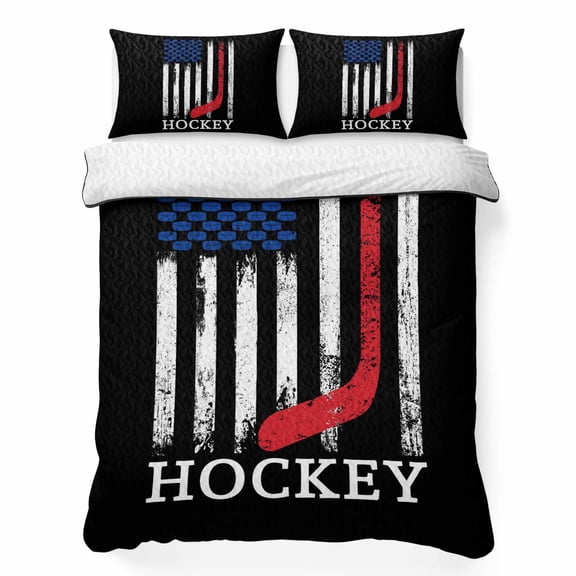 Full Quilt Bedding Set Firefighter American Flag Thin Red Line Breathable Summer Cooling Blanket for Hot Sleepers, Hockey Sport Lightweight Soft Bedding Set with 2 Pillow Shams for All Season