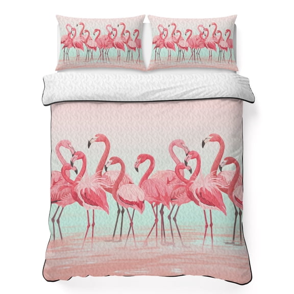 Full Quilt Bedding Set Flamingo Bird on Gradient Background Breathable Summer Cooling Blanket for Hot Sleepers, Tropical Pink Animals Soft Bedding Set with 2 Pillow Shams for All Season