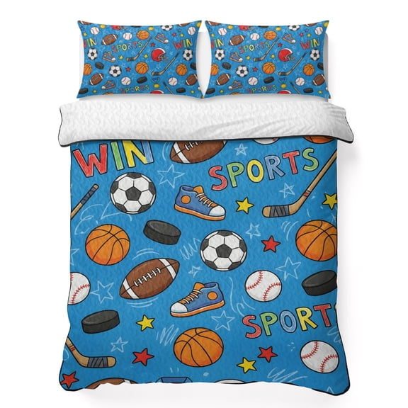 Full Quilt Bedding Set Football Basketball Rugby Baseball on Blue Breathable Summer Cooling Blanket for Hot Sleepers, Win Sports Lightweight Soft Bedding Set with 2 Pillow Shams for All Season