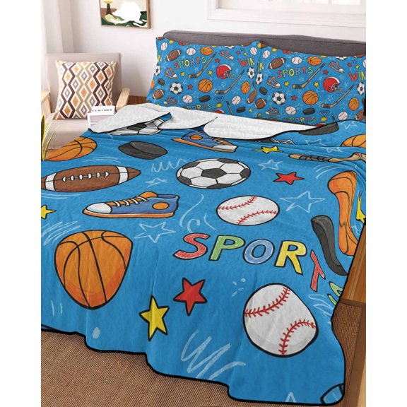 Full Quilt Bedding Set Football Basketball Rugby Baseball on Blue Summer Quilt Lightweight Quilted Coverlet with 2 Pillow Shams, Win Sports 3-Piece Bedspread Quilt Set for All Season