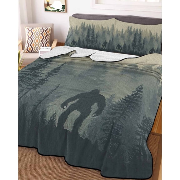 Full Quilt Bedding Set Forest Gorilla Wild Animal Trees Silhouette Summer Quilt Lightweight Quilted Coverlet with 2 Pillow Shams, Vintage Linen 3-Piece Bedspread Quilt Set for All Season