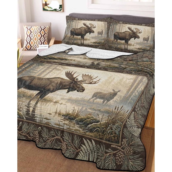 Full Quilt Bedding Set, Forest Reindeer Berry Fern Lightweight Coverlet Summer Comforter Set Soft Microfiber Bedspread, Retro Southwest Ethnic 3 Piece Quilt Set with 2 Pillow Shams All Seasons Use