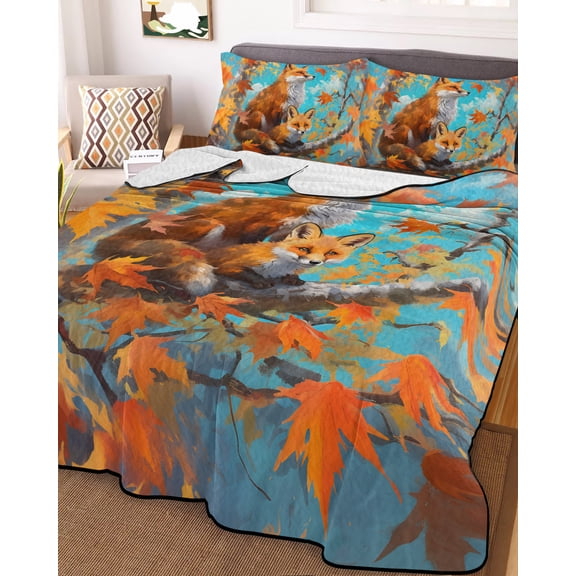Full Quilt Bedding Set, Fox Autumn Maple Wildlife Forest Lightweight Coverlet Summer Comforter Set Soft Microfiber Bedspread, Blue Sky Orange Gradient 3 Piece Quilt Set with 2 Pillow Shams