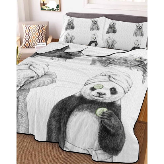 Full Quilt Bedding Set, Funny Animal SPA Sketch Art Lightweight Coverlet Summer Comforter Set Soft Microfiber Bedspread, Bear Panda Elephant Raccoon 3 Piece Quilt Set with 2 Pillow Shams