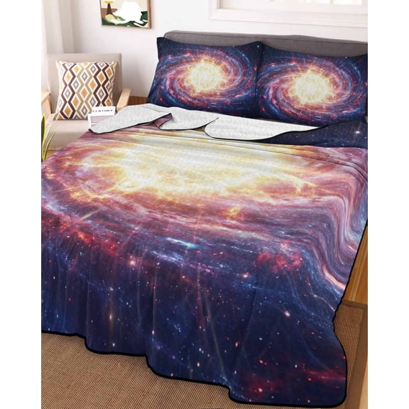 Full Quilt Bedding Set, Galaxy Planet Theme Lightweight Coverlet Summer Comforter Set Soft Microfiber Bedspread, Moon Outer Space 3 Piece Quilt Set with 2 Pillow Shams All Seasons Use