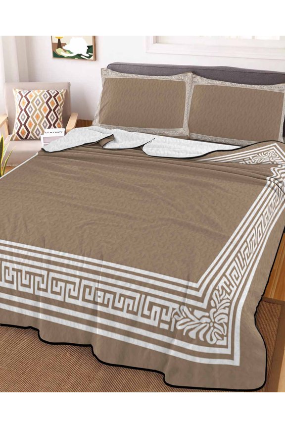 Full Quilt Bedding Set, Geometric Key Design on Brown Lightweight Coverlet Summer Comforter Set Soft Microfiber Bedspread, Classic Greece Ethnic Pattern 3 Piece Quilt Set with 2 Pillow Shams