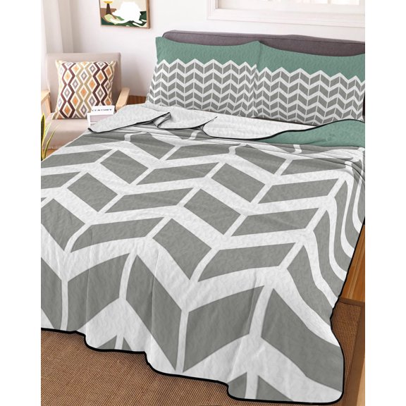 Full Quilt Bedding Set, Geometric Zig Zag Striped Lightweight Coverlet Summer Comforter Set Soft Microfiber Bedspread, Herringbone Chevron Stripes 3 Piece Quilt Set with 2 Pillow Shams
