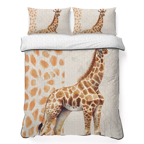 Full Quilt Bedding Set Giraffe Cute Animals Animal Print Breathable Summer Cooling Blanket for Hot Sleepers, Retro Branch Lightweight Soft Bedding Set with 2 Pillow Shams for All Season