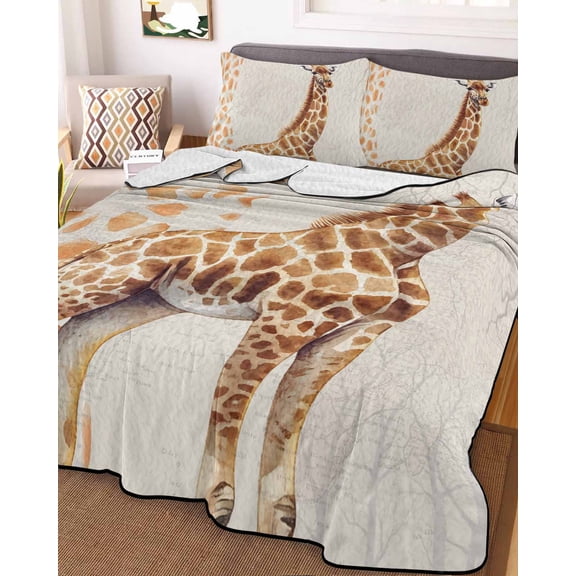 Full Quilt Bedding Set, Giraffe Cute Animals Animal Print Lightweight Coverlet Summer Comforter Set Soft Microfiber Bedspread, Retro Branch 3 Piece Quilt Set with 2 Pillow Shams All Seasons Use