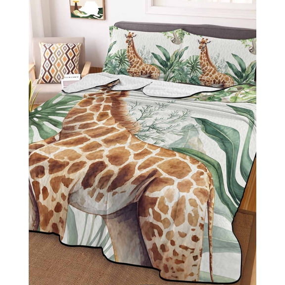 Full Quilt Bedding Set, Giraffe Sloth Tropical Animal Lightweight Coverlet Summer Comforter Set Soft Microfiber Bedspread, Green Turtle Leaf Plant 3 Piece Quilt Set with 2 Pillow Shams
