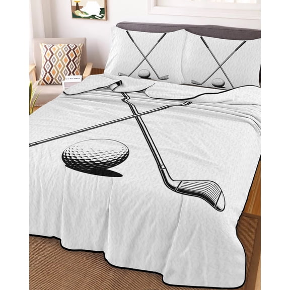 Full Quilt Bedding Set, Golf Ball Club Lightweight Coverlet Summer Comforter Set Soft Microfiber Bedspread, Classic Sport 3 Piece Quilt Set with 2 Pillow Shams All Seasons Use