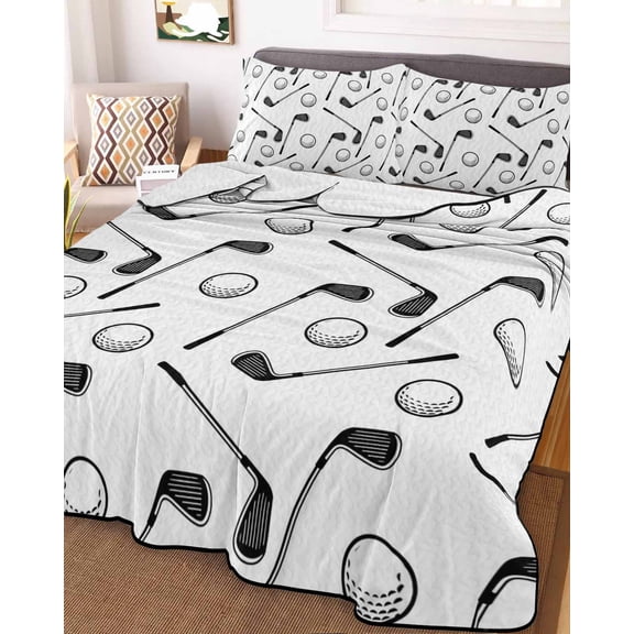 Full Quilt Bedding Set, Golf Club Ball Seamless Pattern Lightweight Coverlet Summer Comforter Set Soft Microfiber Bedspread, Modern Minimalist Art 3 Piece Quilt Set with 2 Pillow Shams