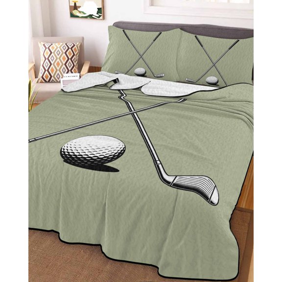 Full Quilt Bedding Set, Gradient Sage Green Lightweight Coverlet Summer Comforter Set Soft Microfiber Bedspread, Cartoon Golf Ball Club 3 Piece Quilt Set with 2 Pillow Shams All Seasons Use