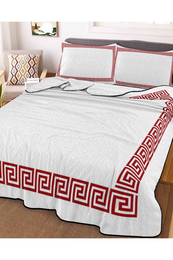 Full Quilt Bedding Set, Greece Abstract Inspired Key Pattern Lightweight Coverlet Summer Comforter Set Soft Microfiber Bedspread, Red Twist Lines on White 3 Piece Quilt Set with 2 Pillow Shams
