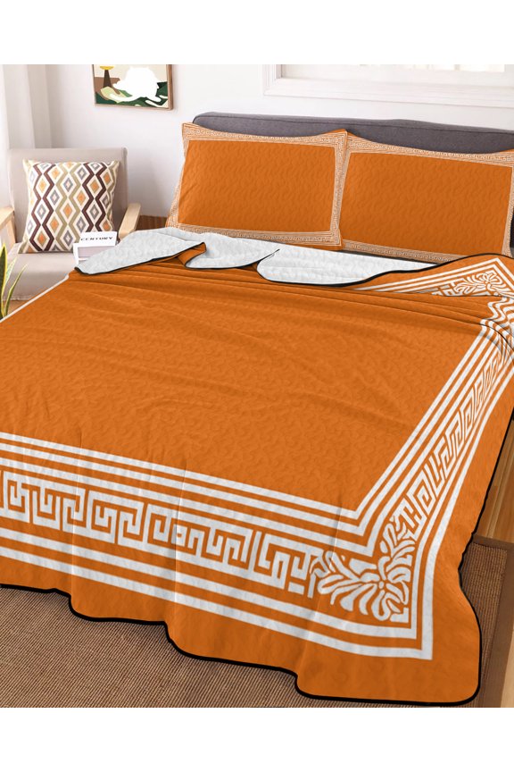 Full Quilt Bedding Set, Greece Geometric Key Design Lightweight Coverlet Summer Comforter Set Soft Microfiber Bedspread, Abstract Stripe Art on Orange 3 Piece Quilt Set with 2 Pillow Shams