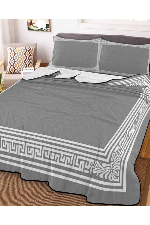 Full Quilt Bedding Set, Greece Key Stripe Design on Grey Lightweight Coverlet Summer Comforter Set Soft Microfiber Bedspread, Abstract Geometric Texture 3 Piece Quilt Set with 2 Pillow Shams
