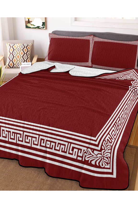 Full Quilt Bedding Set, Greek Abstract Inspired Key Pattern Lightweight Coverlet Summer Comforter Set Soft Microfiber Bedspread, Geometric Twist Line on Red 3 Piece Quilt Set with 2 Pillow Shams