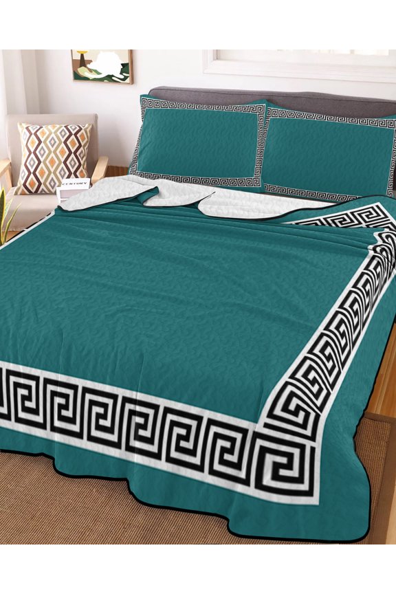 Full Quilt Bedding Set, Greek Abstract Inspired Key Pattern Lightweight Coverlet Summer Comforter Set Soft Microfiber Bedspread, Twist Line on Teal 3 Piece Quilt Set with 2 Pillow Shams
