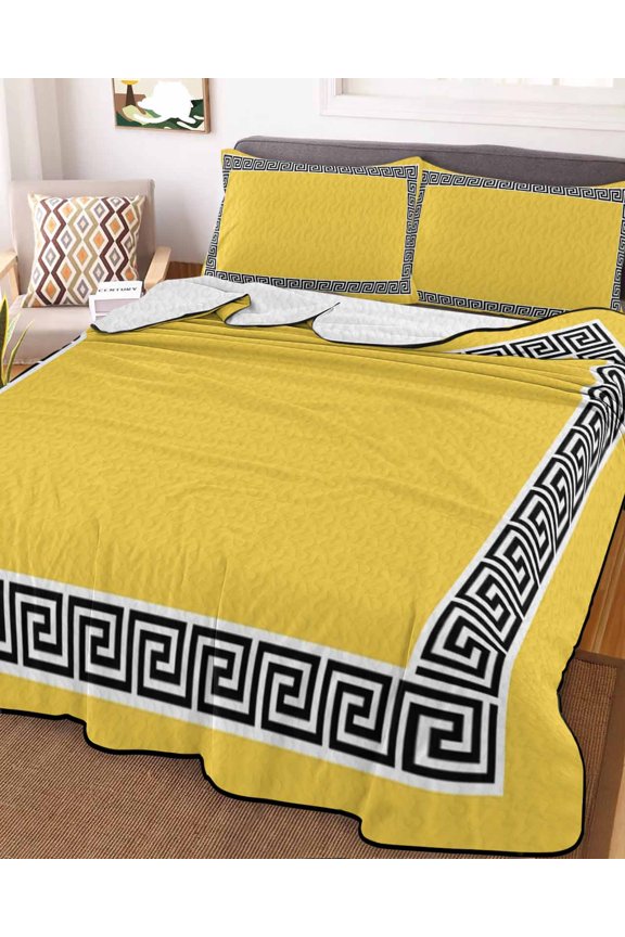 Full Quilt Bedding Set, Greek Ethnic Key Texture Lightweight Coverlet Summer Comforter Set Soft Microfiber Bedspread, Twist Stripe Line on Yellow 3 Piece Quilt Set with 2 Pillow Shams All Seasons Use