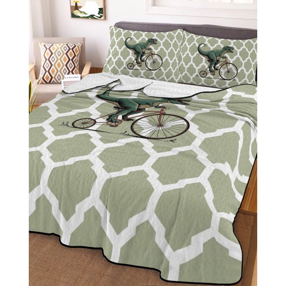 Full Quilt Bedding Set, Green Dinosaur Bicycle Lightweight Coverlet Summer Comforter Set Soft Microfiber Bedspread, Abstract Green Geometric Pattern 3 Piece Quilt Set with 2 Pillow Shams
