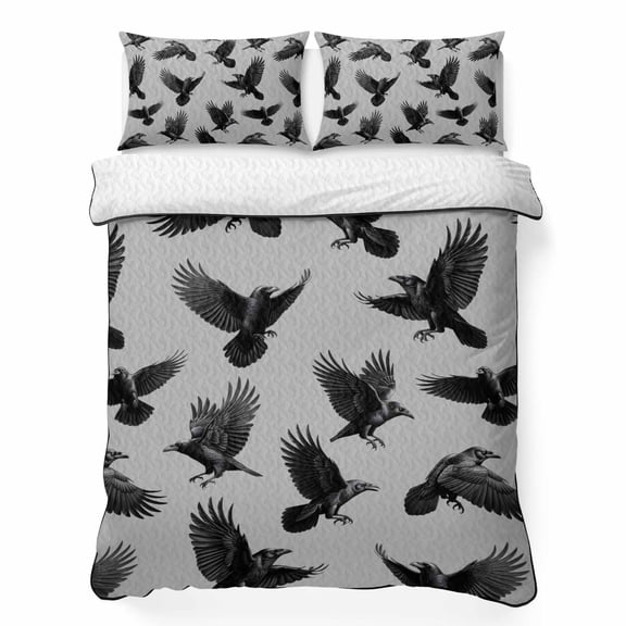 Full Quilt Bedding Set Halloween Crow on Grey Breathable Summer Cooling Blanket for Hot Sleepers, Watercolor Animal Lightweight Soft Bedding Set with 2 Pillow Shams for All Season