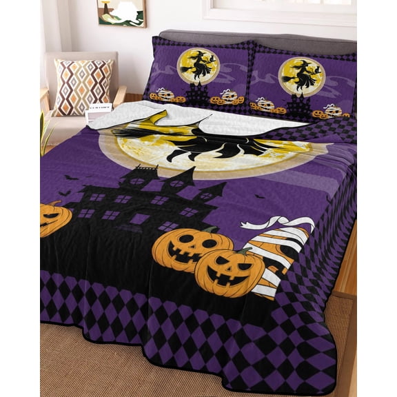 Full Quilt Bedding Set Halloween Full Moon Witch Riding Broom Summer Quilt Lightweight Quilted Coverlet with 2 Pillow Shams, Haunted Castle Purple Plaid 3-Piece Bedspread Quilt Set for All Season