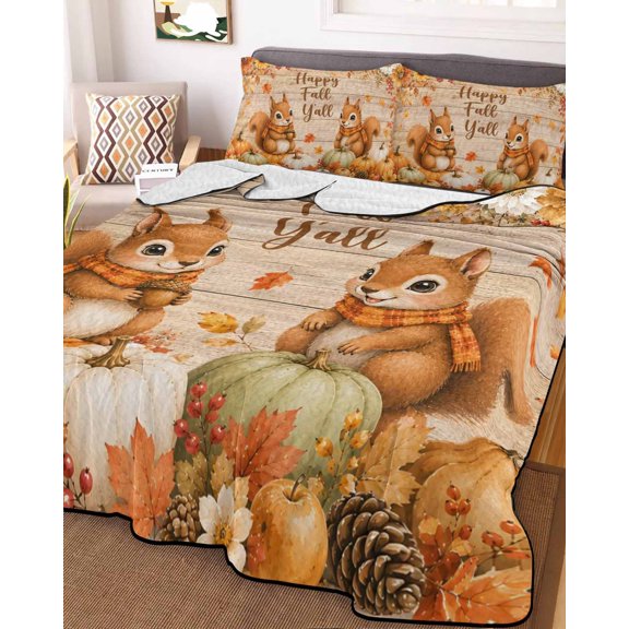 Full Quilt Bedding Set, Happy Fall Y'all Words Squirrel Lightweight Coverlet Summer Comforter Set Soft Microfiber Bedspread, Farm Wood Board Background 3 Piece Quilt Set with 2 Pillow Shams