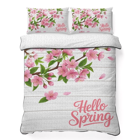 Full Quilt Bedding Set, Hello Spring Peach Blossom Floral Soft Microfiber Summer Bedspread Coverlet with 2 Pillow Shams, Pink Flower Rustic Wood Grain Breathable Bedding Set for Hot Sleepers