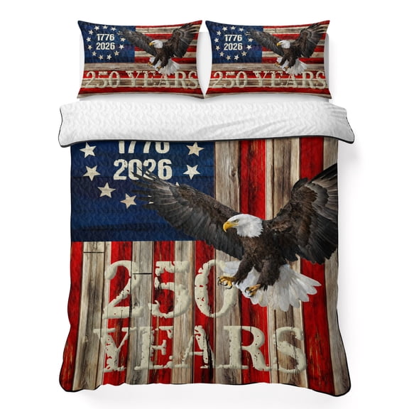 Full Quilt Bedding Set, Independence Day American Flag Soft Microfiber Summer Bedspread Coverlet with 2 Pillow Shams, 1176-2026 250th Anniversary Breathable Bedding Set for Hot Sleepers
