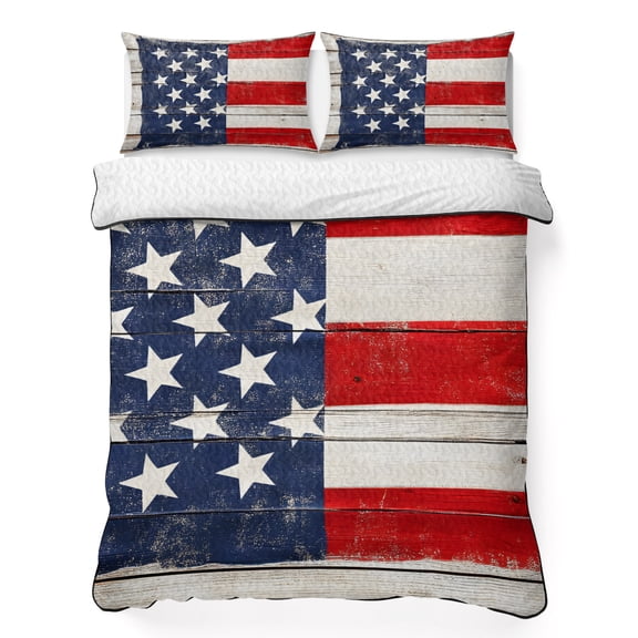 Full Quilt Bedding Set, Independence Day American Flag Soft Microfiber Summer Bedspread Coverlet with 2 Pillow Shams for All Season, Vintage Wood Grain Breathable Bedding Set for Hot Sleepers