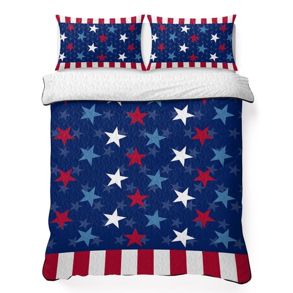 Full Quilt Bedding Set, Independence Day Blue Star Thin Red Line Soft Microfiber Summer Bedspread Coverlet with 2 Pillow Shams, Patriotic Stars Stripes Breathable Bedding Set for Hot Sleepers