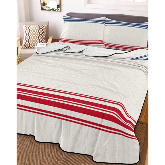 Full Quilt Bedding Set Independence Day Red Blue Stripe Summer Quilt Lightweight Quilted Coverlet with 2 Pillow Shams, Farm Retro Freedom Liberty 3-Piece Bedspread Quilt Set for All Season