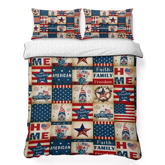 Full Quilt Bedding Set, Independence Day Texas Stars Soft Microfiber Summer Bedspread Coverlet with 2 Pillow Shams for All Season, USA Flag Blue Farm Car Breathable Bedding Set for Hot Sleepers