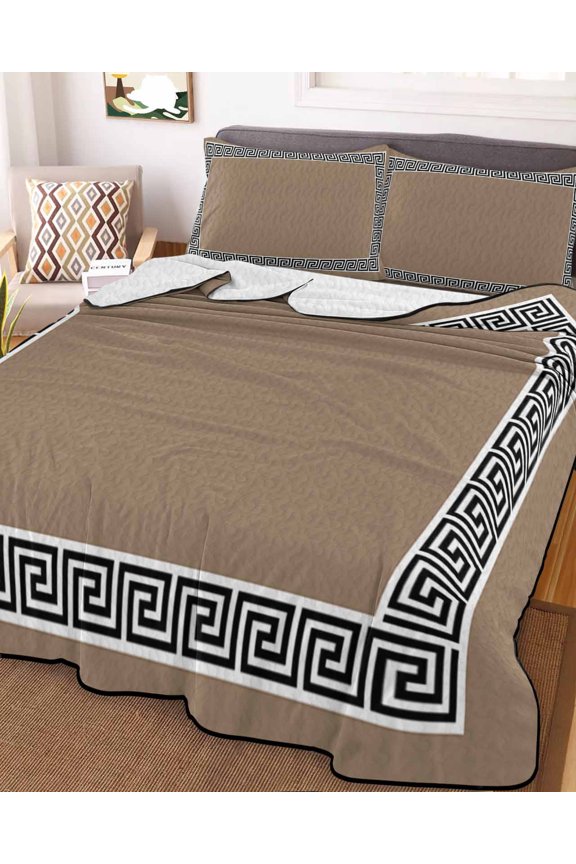 Full Quilt Bedding Set, Inspired Key Texture on Brown Lightweight Coverlet Summer Comforter Set Soft Microfiber Bedspread, Greece Geometric Twist Lines 3 Piece Quilt Set with 2 Pillow Shams