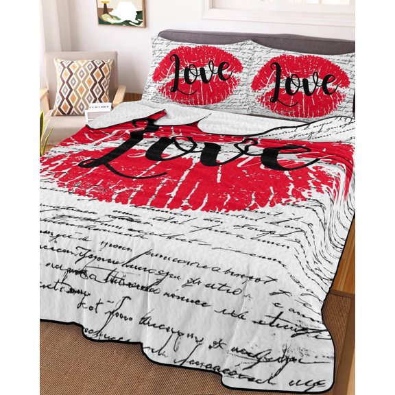 Full Quilt Bedding Set, Kiss Red Lip Print Love Word Lightweight Coverlet Summer Comforter Set Soft Microfiber Bedspread, Retro Letter White Black 3 Piece Quilt Set with 2 Pillow Shams